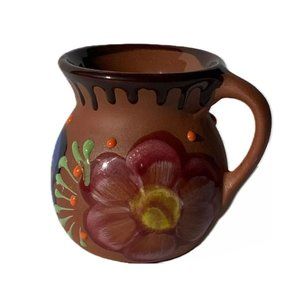 Mexican Jarrito Mug-Hand Painted with Yellow, Blue & Reddish-Brown Flowers